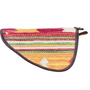 Myra Bag Southwestern Woven Cotton Canvas Saddle Clutch Leather Trim Multi Color
